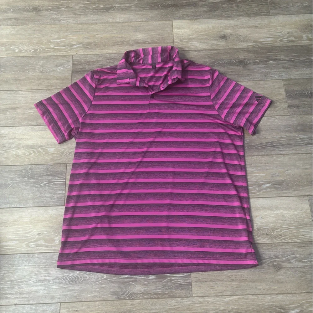 Adidas Golf Polo Sz 2XL Pink Black Stripe Lightweight Athletic Preppy Sporty